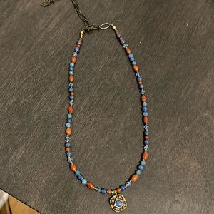 Michal Golan necklace with blue and red beads, 18” with adjustable clasp